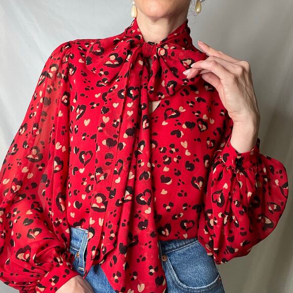 Chico’s heart animal leopard print blouse‎ tie neck bow balloon sleeve red black - Picture 11 of 17